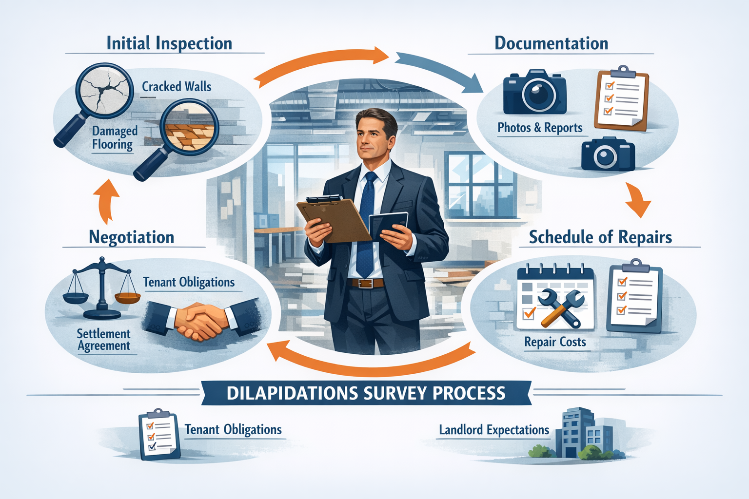 Landscape format (1536x1024) detailed illustration showing dilapidations survey process workflow as infographic. Center features professiona