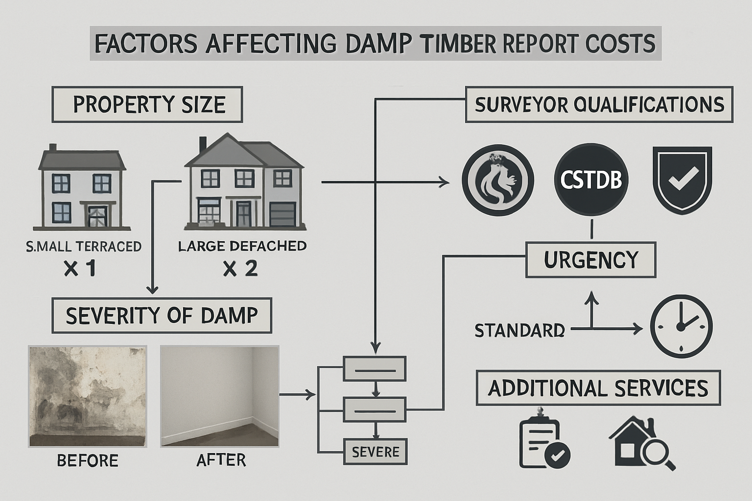 Comprehensive visual guide (1536x1024) showing factors affecting damp and timber report costs including property size comparison (small terr