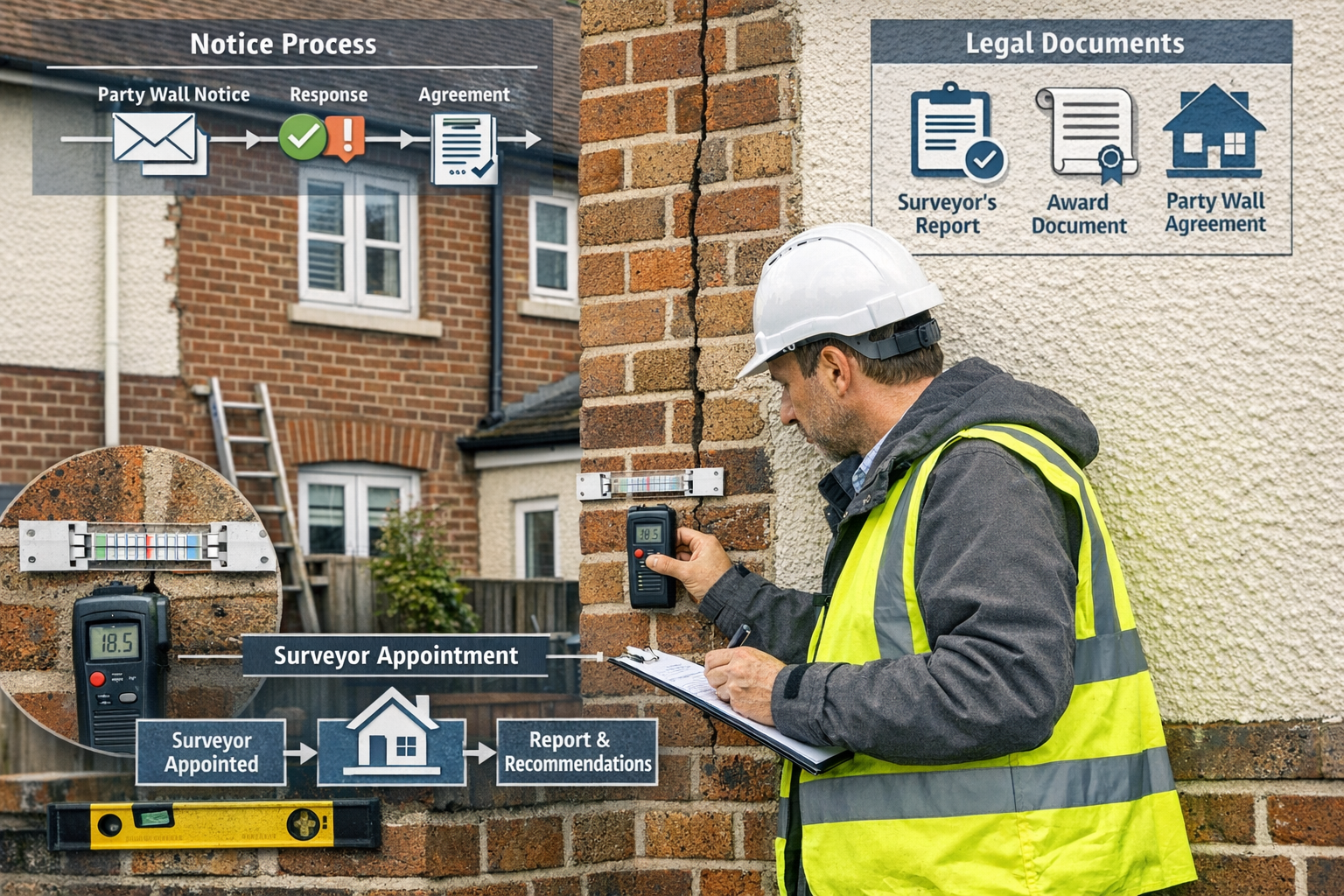 Landscape editorial photograph (1536x1024) depicting a professional party wall surveyor conducting inspection work on a semi detached proper