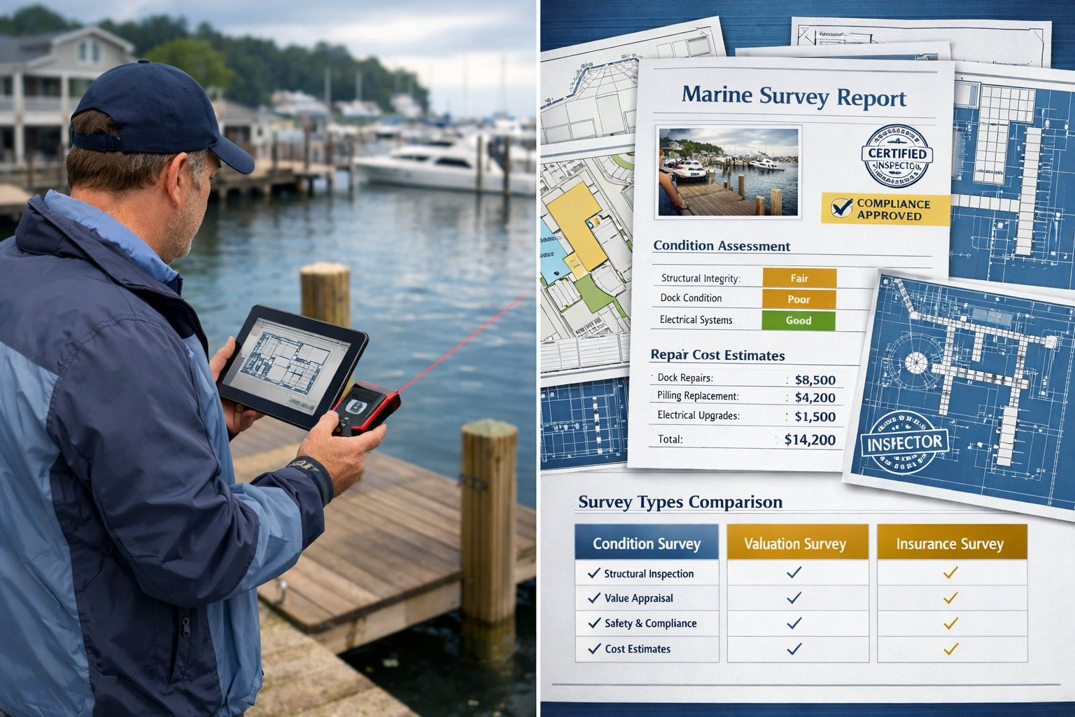 Landscape editorial image (1536x1024) depicting marina survey documentation process with split-screen composition. Left side shows surveyor