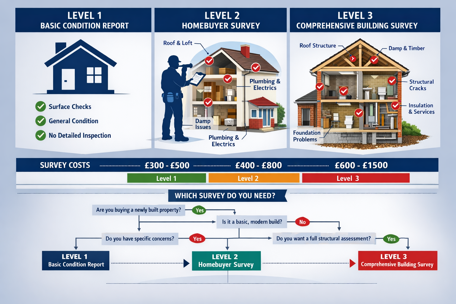 Landscape format (1536x1024) detailed infographic showing three-tiered survey options for new builds: Level 1 basic condition report with si